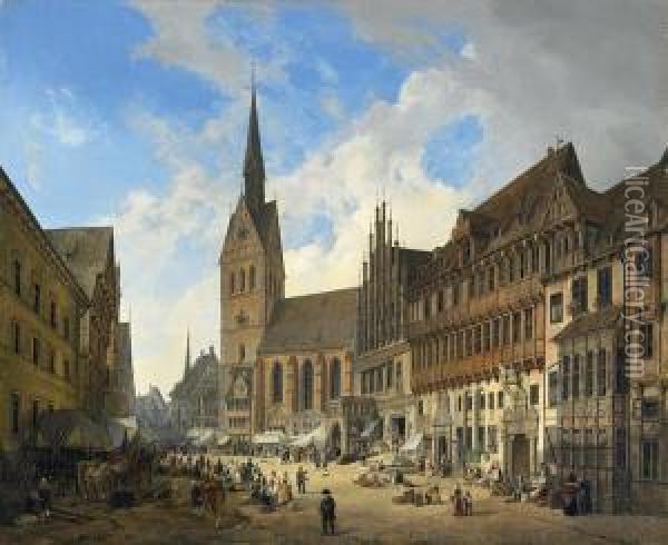 Marktkirche St. Georgii Et Jacobi, Marktplatz Und Rathaus In Hannover Oil Painting - Domenico Quaglio