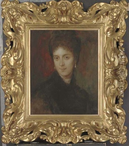 Portrait Of A Lady, Shoulder Length, In A Black Dress Oil Painting - Franz Seraph von Lenbach