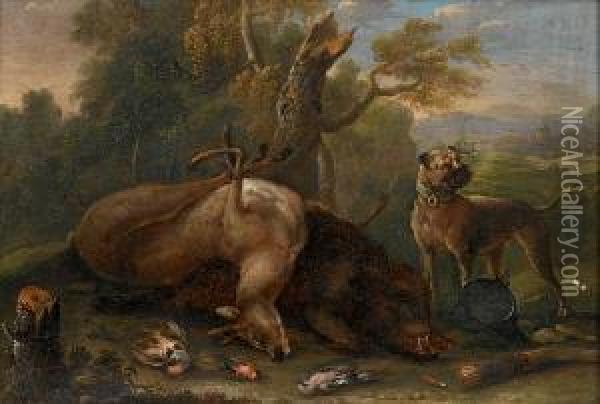 A Dog With A Dead Stag, Hare And Birds In Alandscape Oil Painting - Joseph Georg Winter