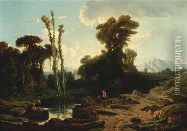 Sudlandische Landschaft Mit Hirtenpaar Am Ufer Eines Fluses Oil Painting - Jean Pierre Francois Lamoriniere