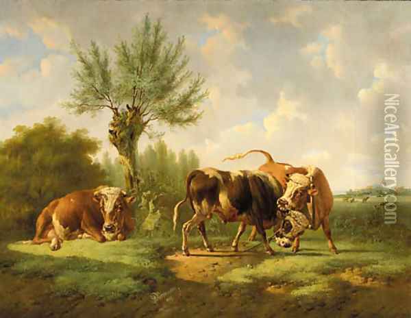 Bulls fighting Oil Painting - Albertus Verhoesen