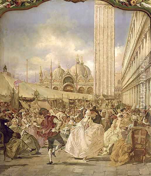 Masked Ball in St. Marks Square, Venice Oil Painting - V. Ponga