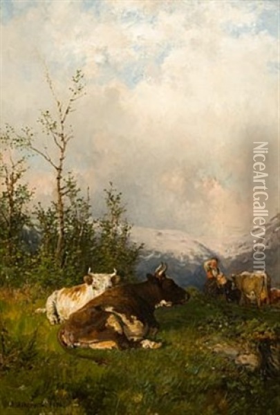 Kyr Og Budeie I Fjellet Oil Painting - Anders Monsen Askevold