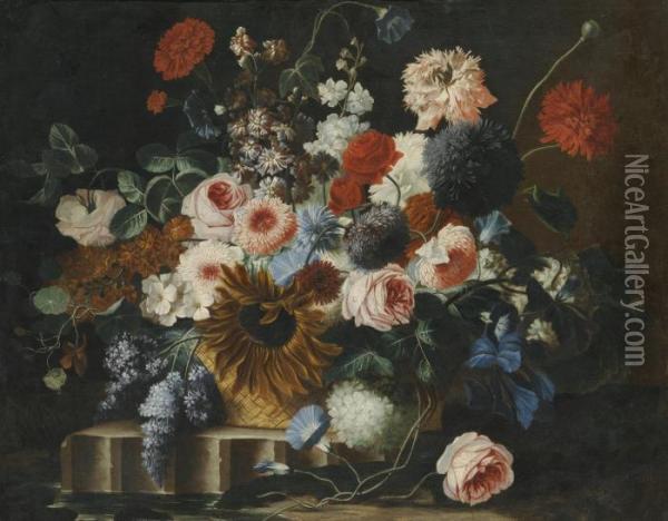 Still Life With Flowers On A Stone Ledge Oil Painting - Frans Werner Von Tamm
