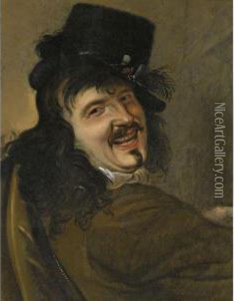 A Laughing Man Wearing A Black Hat Oil Painting - Petrus Staverenus