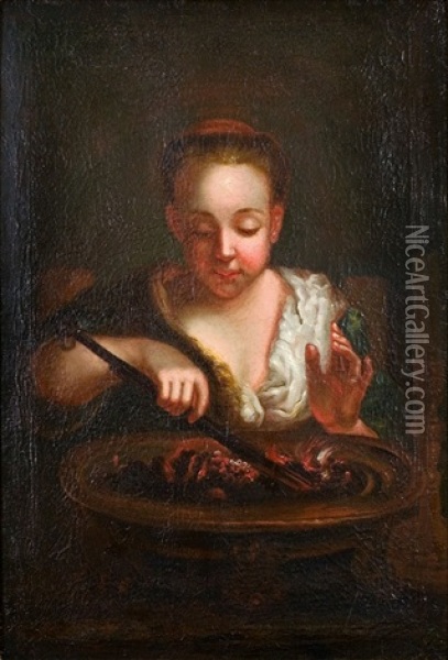 Frau Mit Kohlebecken (+ Frau Mit Gemusekorb; 2 Works) Oil Painting - Domenico Maggiotto