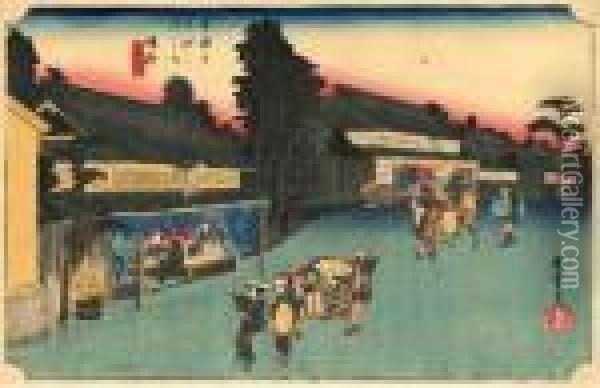 Les 53 Stations Du Tokaido, Narumi, Meibutsu Arimatsu-shibori Oil Painting - Utagawa or Ando Hiroshige
