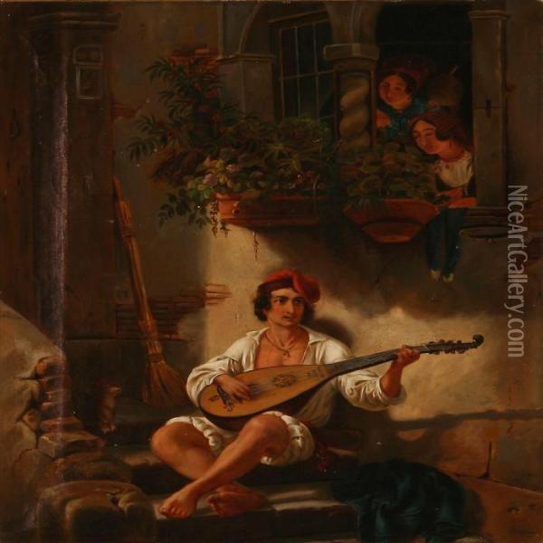 Young Neapolitan Playing The Guitar Beneith A Window Withtwo Young Girls Oil Painting - Wilhelm Marstrand