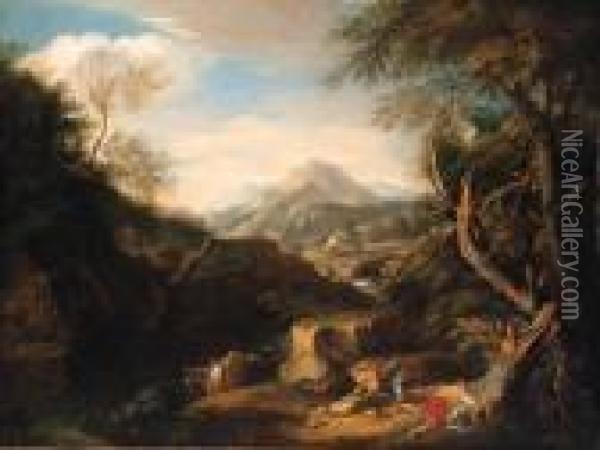 An Extensive Mountainous Landscape With Peasants Resting Oil Painting - Francois Boucher