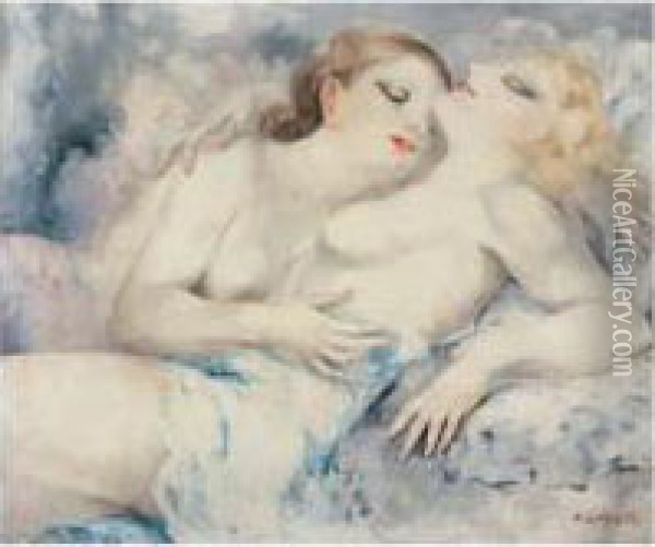 Les Deux Amies, Circa 1930 Oil Painting - Micao Kono