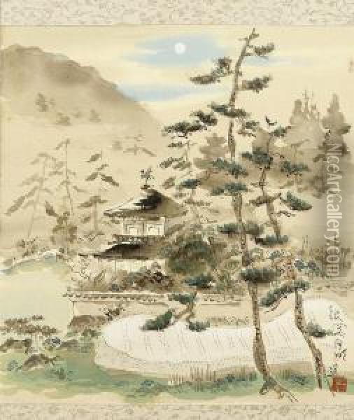 Ginkakuji-temple Under The Moon Oil Painting - Ikeda Sanshin Koson