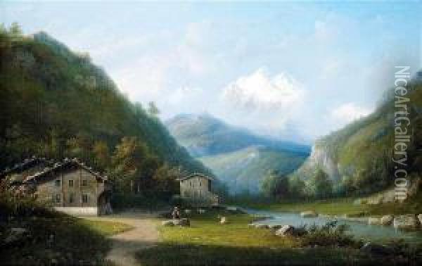 Mountainous River Landscape With View Of Mont Blanc Oil Painting - Jacobus Hendricus J. Nooteboom