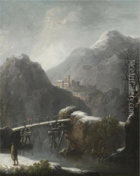A Winter Landscape With Travellers Before A Bridge, A Hilltop Town Beyond Oil Painting - Francesco Foschi