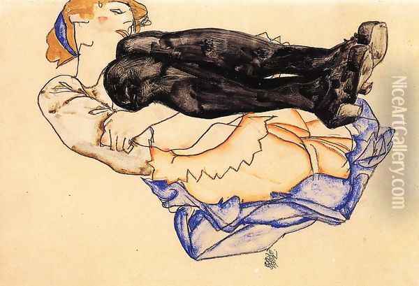 Woman With Blue Stockings Oil Painting - Egon Schiele