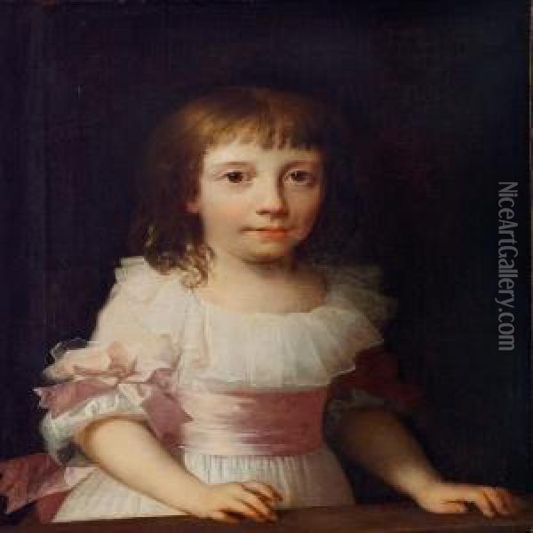 Children's Portrait Of Christiane Lemming In Awhite Dress With Pink Ribbons Oil Painting - Jens Juel