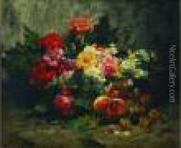  Fleurs Et Corbeille De Fruit  Oil Painting - Georges Jeannin