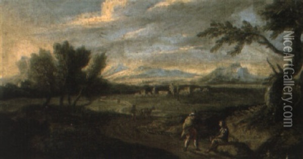 An Italianate Landscape With Travellers On A Track Oil Painting - Andrea Locatelli