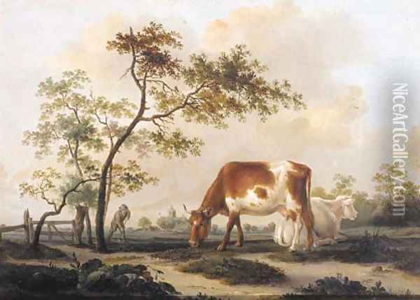 Cows on a farmyard with a village in the distance, in summer Oil Painting - Pieter Gerardus Van Os