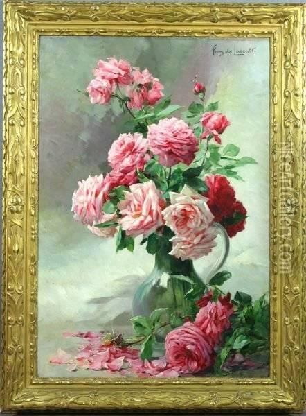 A Vase Of Pink Roses Oil Painting - Albert Tibule Furcy De Lavault