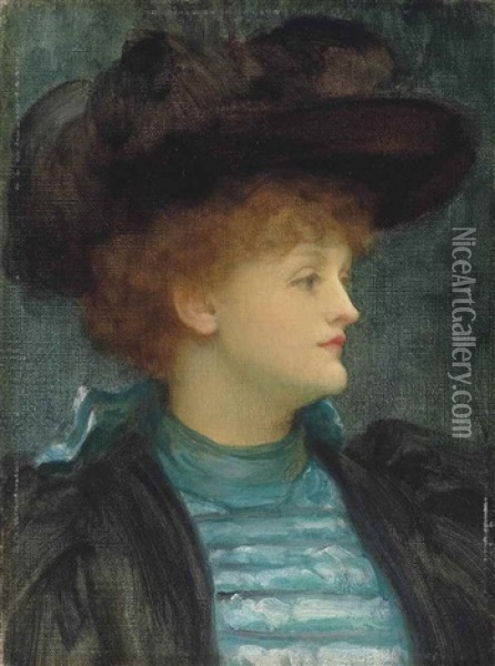 Portrait Of A Lady, Bust-length, In A Turquoise Dress And Black Coat And Hat Oil Painting - Lord Frederic Leighton