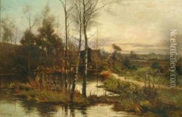 Autumnal Scene With Figures On A River Bank At Sunset Oil Painting - William Manners
