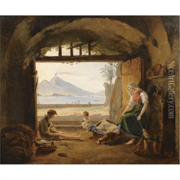 Fischer In Mergellina, Neapel-neapolitan Fishermen In Mergellina, The Castel Dell'ovo And Vesuvius Beyond Oil Painting - Franz Ludwig Catel