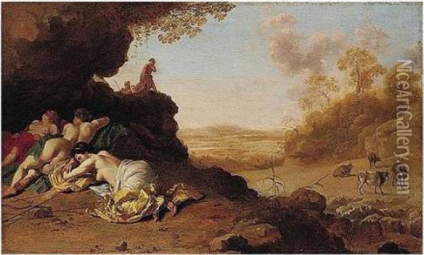 A Classical Roman Landscape With Nymphs Sleeping Oil Painting - Dirck Van Der Lisse