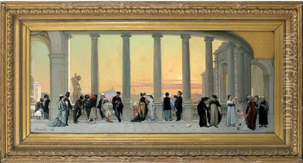 La Terrasse Du Palais Longchamp A Marseille Oil Painting - Amedee De Ternante-Lemaire