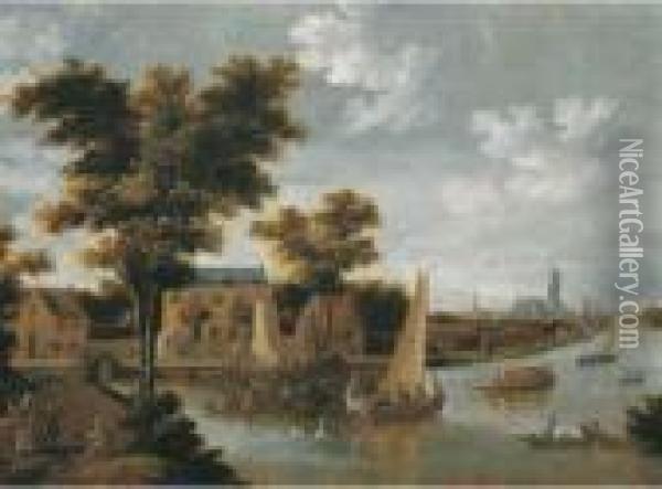 A View Of The Zwaenseiland And The River Zwaenhals, Rotterdam, Thest. Laurenskerk Beyond Oil Painting - Thomas Heeremans