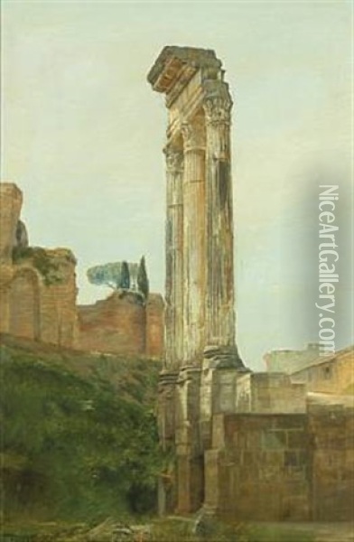 Scenery From Forum Romanum In Rome With The Three Colums Of The Temple Of Castor And Pollux Oil Painting - Carl Vilhelm Holsoe