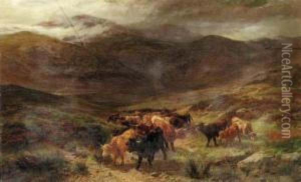 Highland Cattle On The Move
Oil On Canvas Laid Down On Masonite Oil Painting - Henry Garland