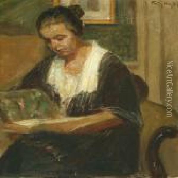 Interior With Readingwoman Oil Painting - Poul Friis Nybo
