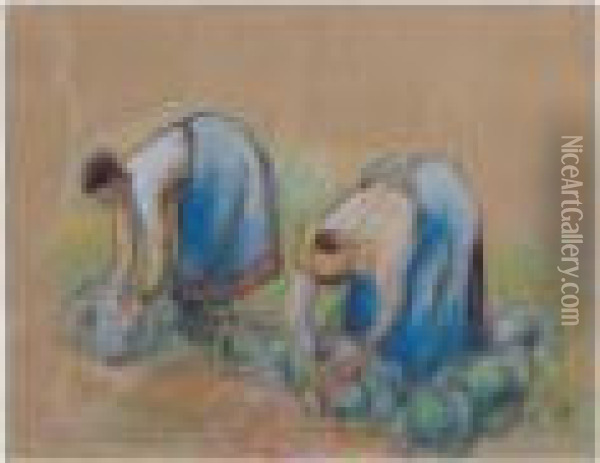 Deux Paysannes Ramassant Des Choux Oil Painting - Camille Pissarro