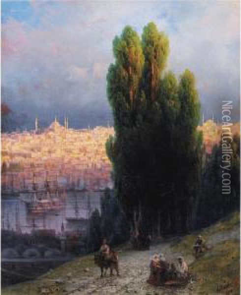 Constantinople, View Of The Golden Horn With A Self-portrait Of The Artist Sketching Oil Painting - Ivan Konstantinovich Aivazovsky