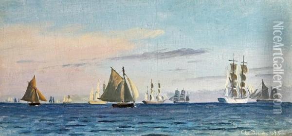 Numerous Sailing Ships On Quite Waters. Signed Chr. Blache 95 Oil Painting - Christian Vigilius Blache