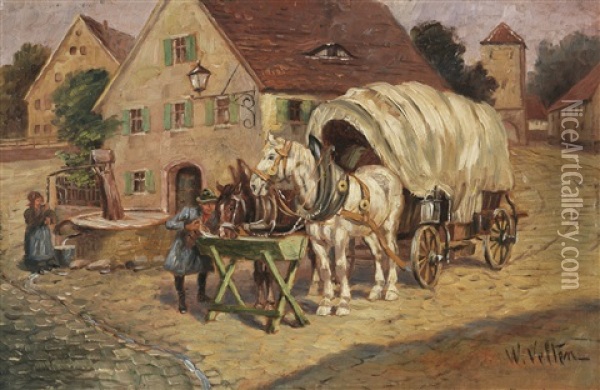 Fuhrwerk Am Dorfbrunnen Oil Painting - Wilhelm Velten