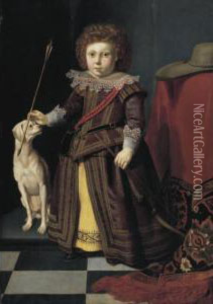 Portrait Of A Young Boy In An Interior With His Dog Oil Painting - Thomas De Keyser
