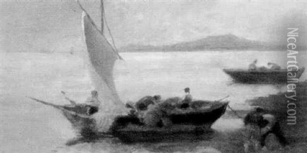 Fischer Mit Ihren Booten In Der Bucht Von Neapel Oil Painting - Vittore Antonio Cargnel