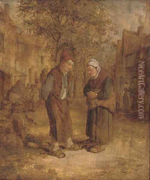 Two peasants conversing in a village street Oil Painting - Adriaen Jansz. Van Ostade