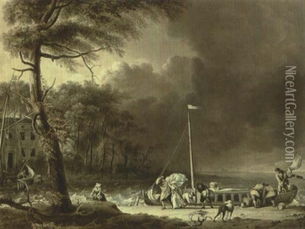 A Stormy Scene With Figures Unloading Boats Near A House On The Water's Edge Oil Painting - Jacob Cats