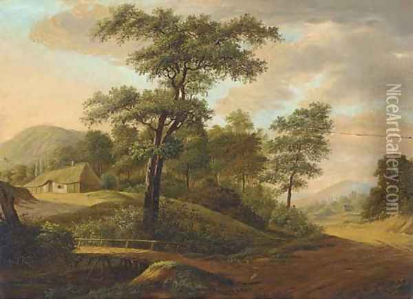 An extensive wooded river landscape with a town beyond Oil Painting - German School