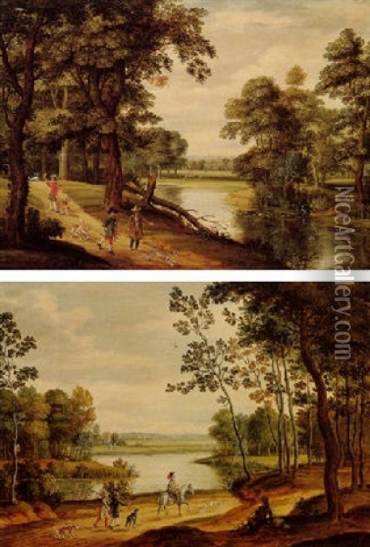A Landscape With Sportsmen On A Path By A Lake Oil Painting - Isaac Van Oosten