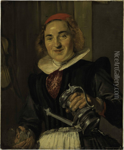 Young Woman Holding A Glass And A Flagon Oil Painting - Frans Hals