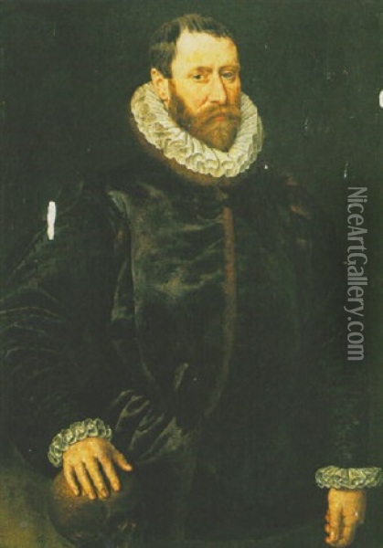A Portrait Of A Bearded Man (theophile Keerhaert?), Wearing Black Costume With His Right Hand Resting On A Skull Oil Painting - Antonis Mor Van Dashorst
