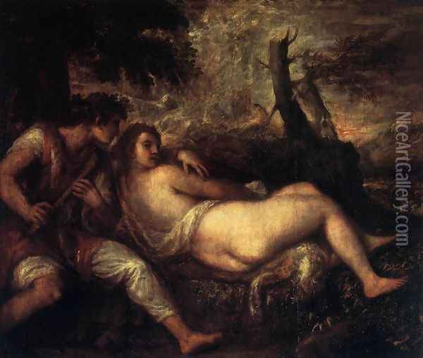 Shepherd and Nymph Oil Painting - Tiziano Vecellio (Titian)