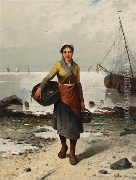 Danish Fisher-girl (+ Norwegian Fisherman; Pair) Oil Painting - Louis Marius Garcin