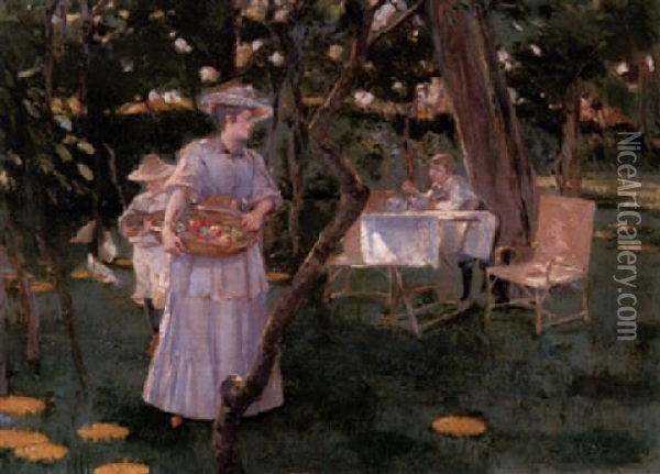 In Der Sommerfrische - Mutter Mit Zwei Kindern Unter Baumen Im Garten Oil Painting - Eugene Klinckenberg