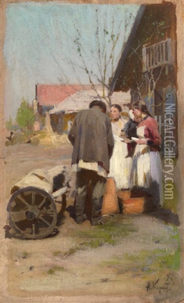 Meeting In A Village Street Oil Painting - Aleksei Mikhailovich Korin