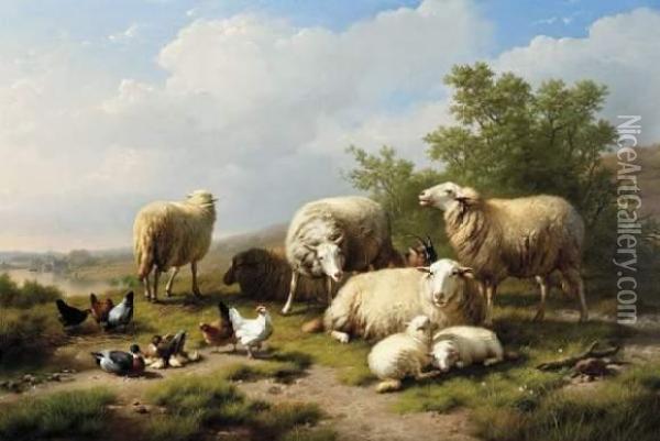 Paysage Avec Moutons, Poules Et Chevre Oil Painting - Eugene Joseph Verboeckhoven