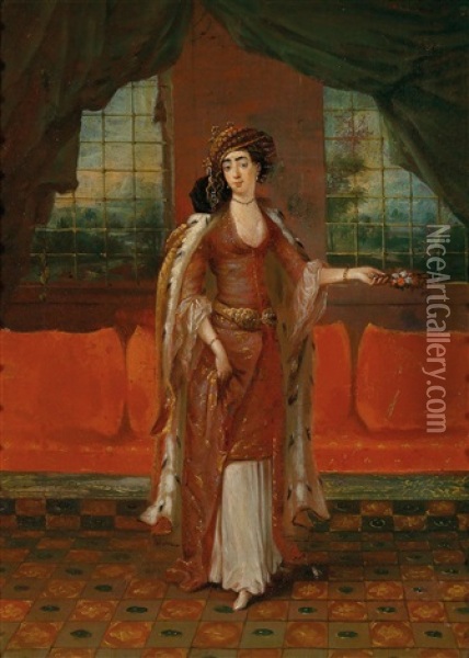 Eine Haremsdame In Turkischem Gewand Oil Painting - Jean-Baptiste Vanmour